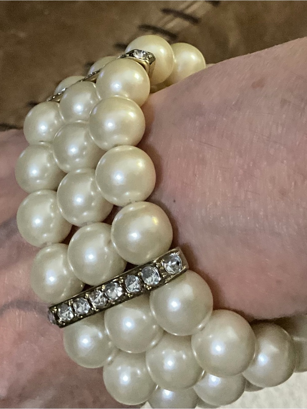 Ivory Faux Pearl Multi-Strand Stretch Bracelet Rhinestone Spacers